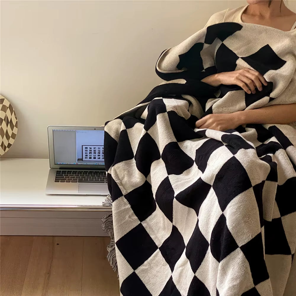 Large Retro Checkerboard Cotton Blanket for Sofa Chair Plaid Color Matching with Tassel Tapestry Bedspread Women Outdoor Towels