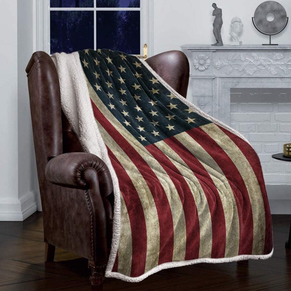 US Flag Sherpa Fleece Blanket, Super Thick and Warm Cozy Luxury Blanket 50"X60", Vintage American Flag Fourth of July Independence Day Themed Bed Blanket, Fluffy Microfiber Throw Blanket for Couch