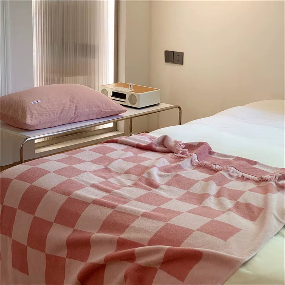 Large Retro Checkerboard Cotton Blanket for Sofa Chair Plaid Color Matching with Tassel Tapestry Bedspread Women Outdoor Towels