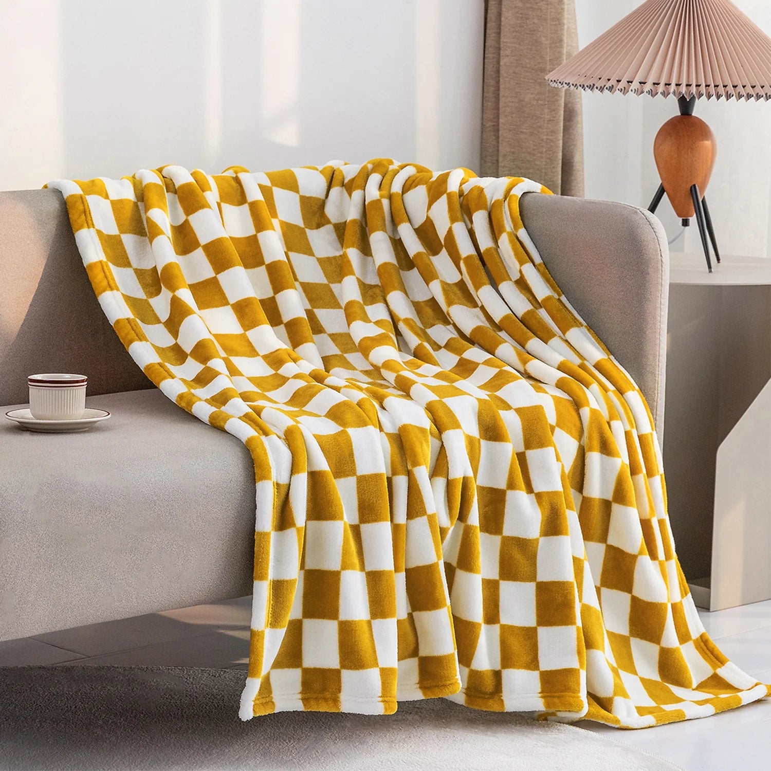 Buffalo Check Fleece Throw Blanket Soft Checkered Plaid Blankets Cozy Lightweight Flannel Blanket for Couch Chair Bed(Yellow,51"X63")