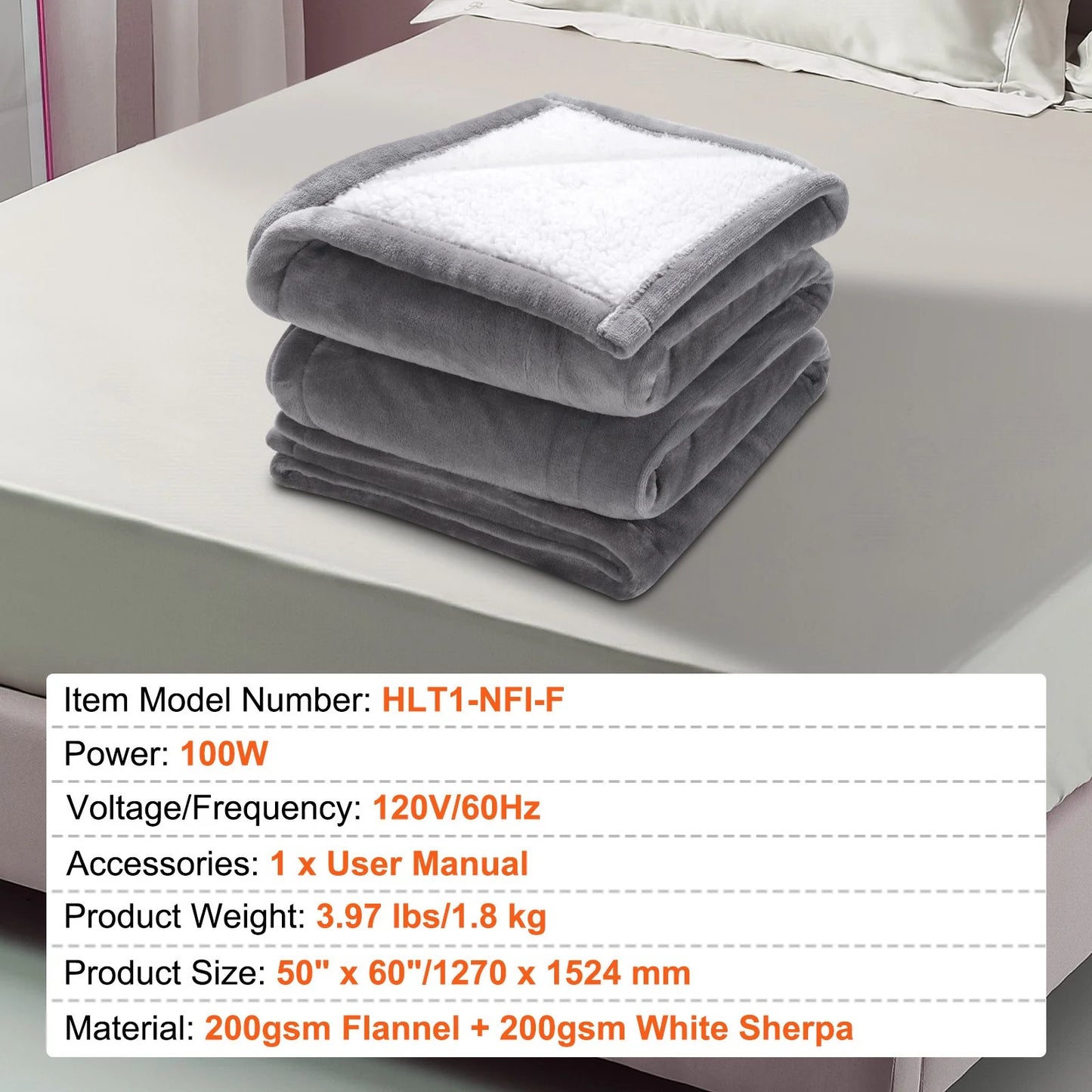 VEVOR Heated Blanket Electric Throw, 50" X 60" Twin Size, Soft Flannel & Sherpa Heating Blanket with 3 Hours Timer Auto-Off, 5 Heating Levels for Sofa, Machine Washable, ETL & FCC Certification (Grey)