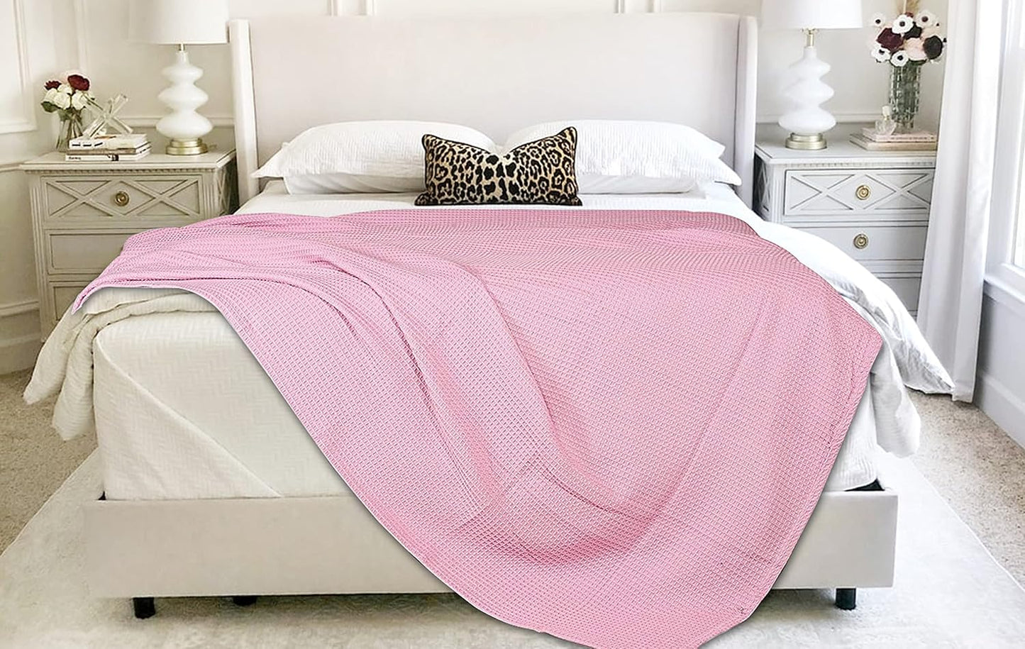 Thermal Cotton Blanket,Twin Cotton Blanket,Waffle Weave Cotton Blanket,Farmhouse Blanket,Soft Breathable Blanket,Light Picnic Travel Blanket,Oversized Blanket All Season Blanket 66X90 Inch Pink