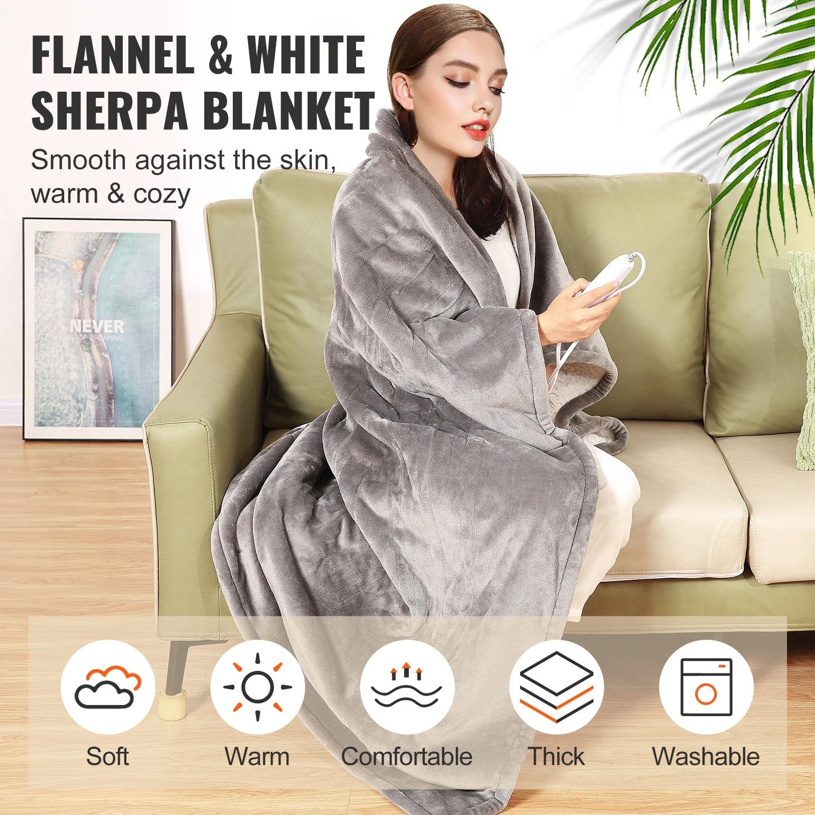 VEVOR Heated Blanket Electric Throw, 50" X 60" Twin Size, Soft Flannel & Sherpa Heating Blanket with 3 Hours Timer Auto-Off, 5 Heating Levels for Sofa, Machine Washable, ETL & FCC Certification (Grey)