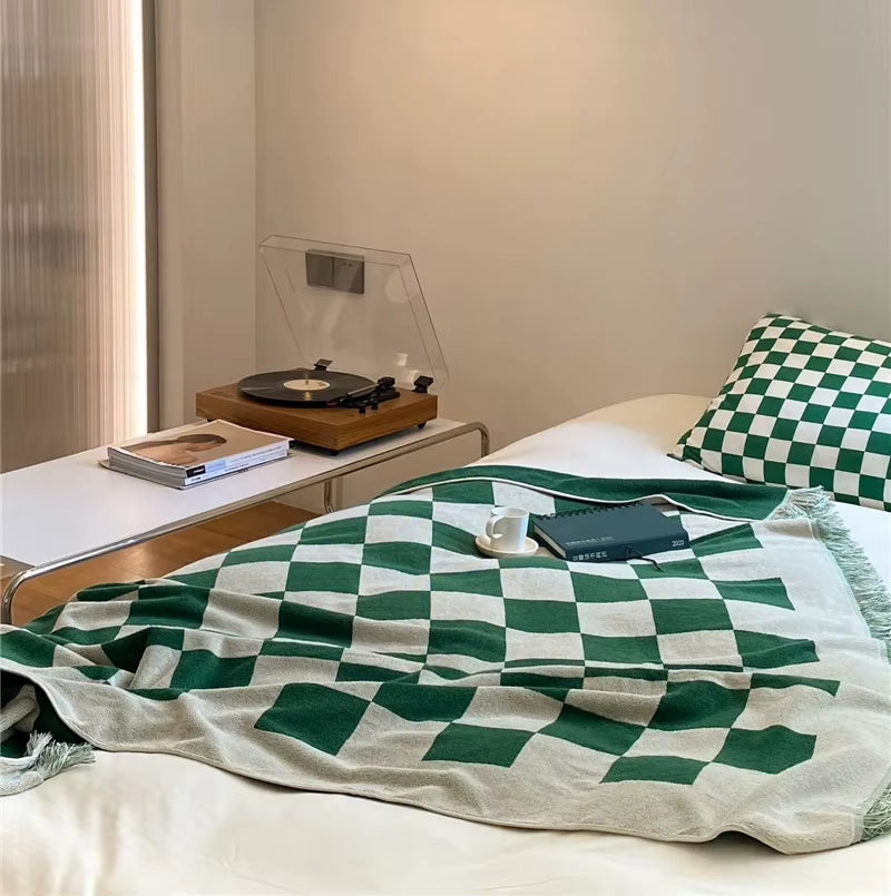 Large Retro Checkerboard Cotton Blanket for Sofa Chair Plaid Color Matching with Tassel Tapestry Bedspread Women Outdoor Towels