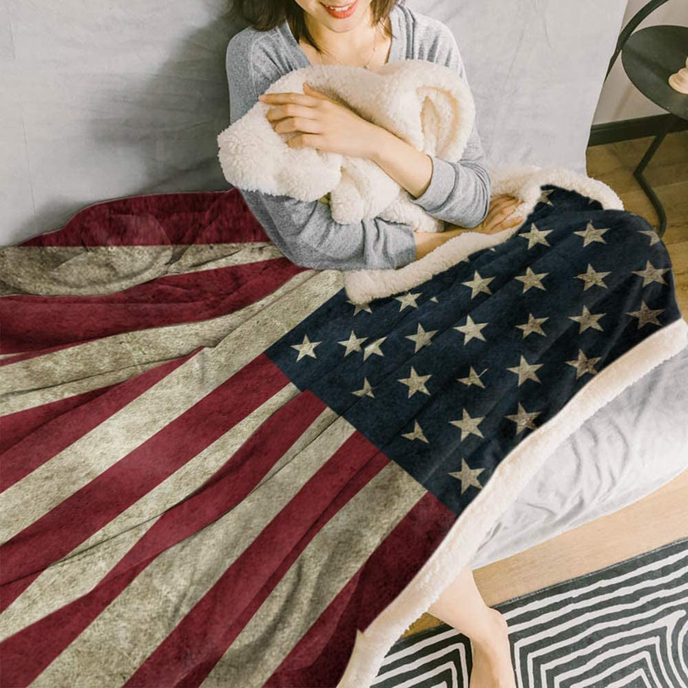 US Flag Sherpa Fleece Blanket, Super Thick and Warm Cozy Luxury Blanket 50"X60", Vintage American Flag Fourth of July Independence Day Themed Bed Blanket, Fluffy Microfiber Throw Blanket for Couch