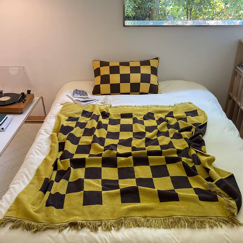 Large Retro Checkerboard Cotton Blanket for Sofa Chair Plaid Color Matching with Tassel Tapestry Bedspread Women Outdoor Towels