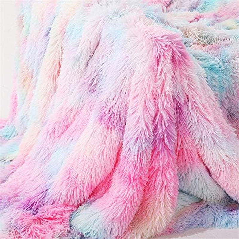 Unicorn Tie Dye Fuzzy Blankets - Cute Throw Blanket for Teen Girls - Long Shaggy Hair Faux Fur Sherpa Backing - Soft Warm Cozy Sofa Couch Floor Throw Bed Cover Pastel Twin (63"X79")