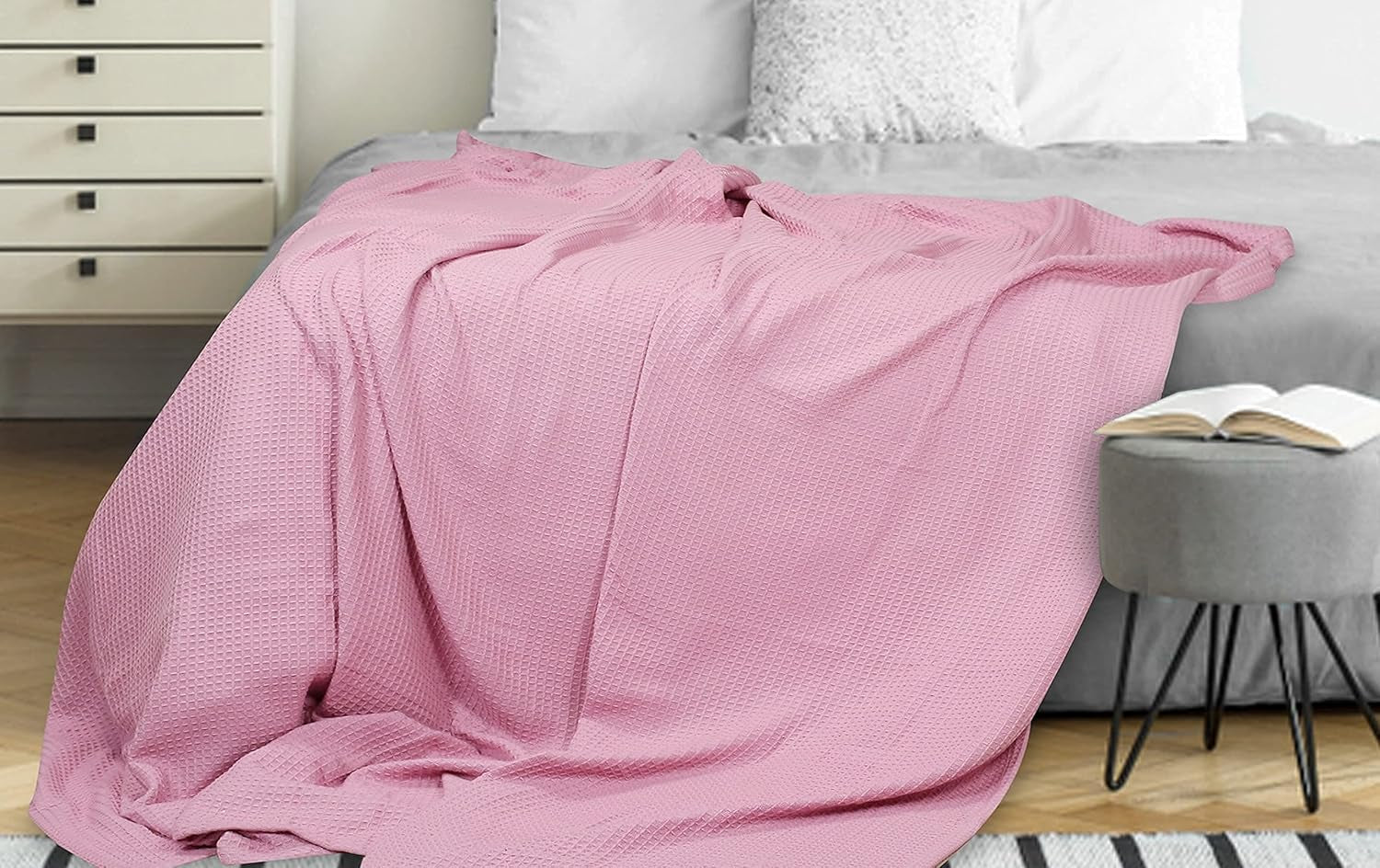 Thermal Cotton Blanket,Twin Cotton Blanket,Waffle Weave Cotton Blanket,Farmhouse Blanket,Soft Breathable Blanket,Light Picnic Travel Blanket,Oversized Blanket All Season Blanket 66X90 Inch Pink