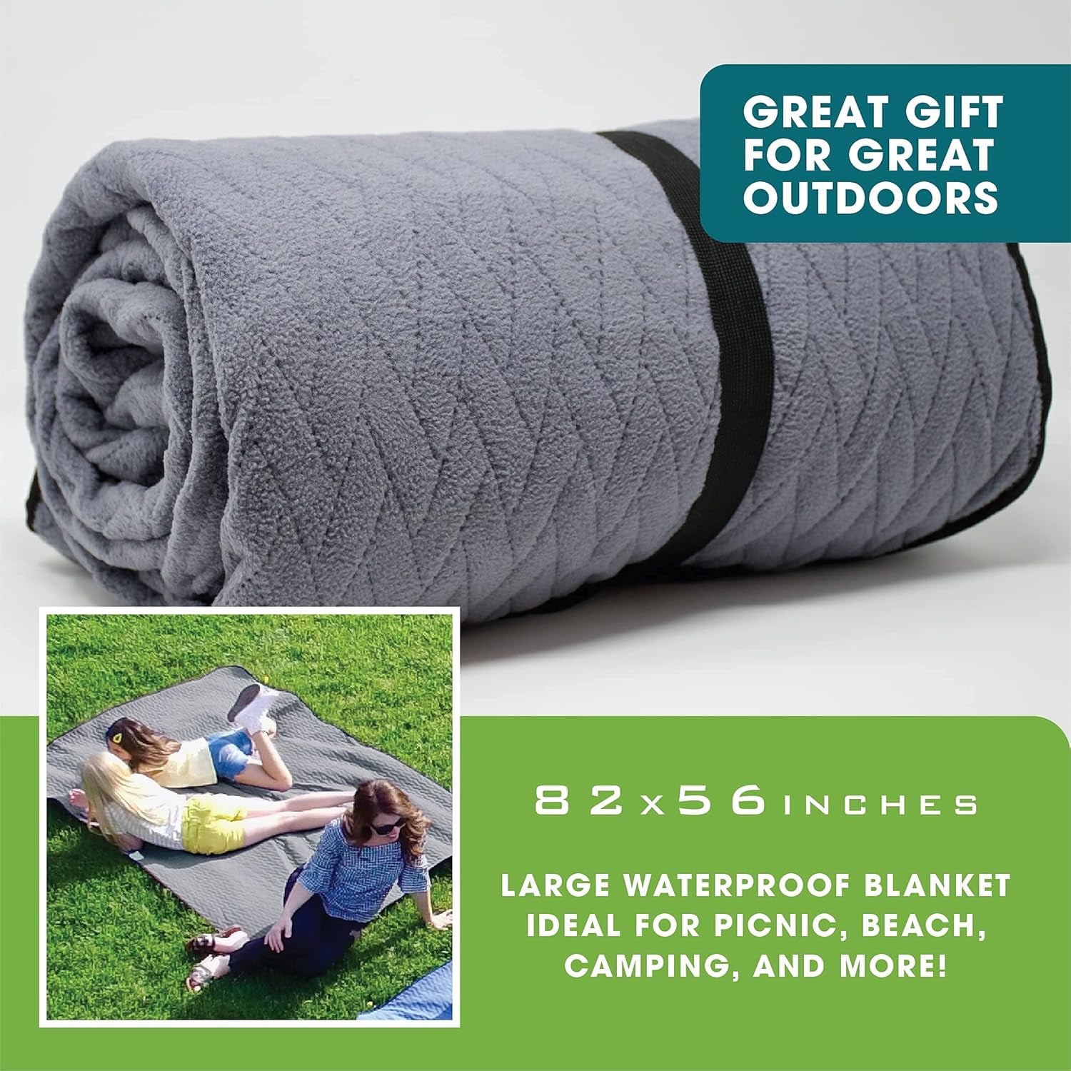 Waterproof Outdoor Blankets (82" X 56") Large Camping Blanket, Water Proof Foldable, Use as Stadium Blanket, Beach Blanket, Travel Blanket, Picnic Blanket for Outdoors - Compact, Gray