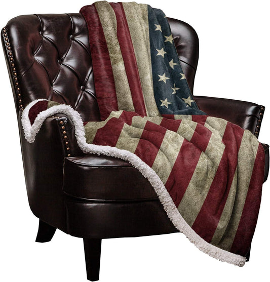 US Flag Sherpa Fleece Blanket, Super Thick and Warm Cozy Luxury Blanket 50"X60", Vintage American Flag Fourth of July Independence Day Themed Bed Blanket, Fluffy Microfiber Throw Blanket for Couch