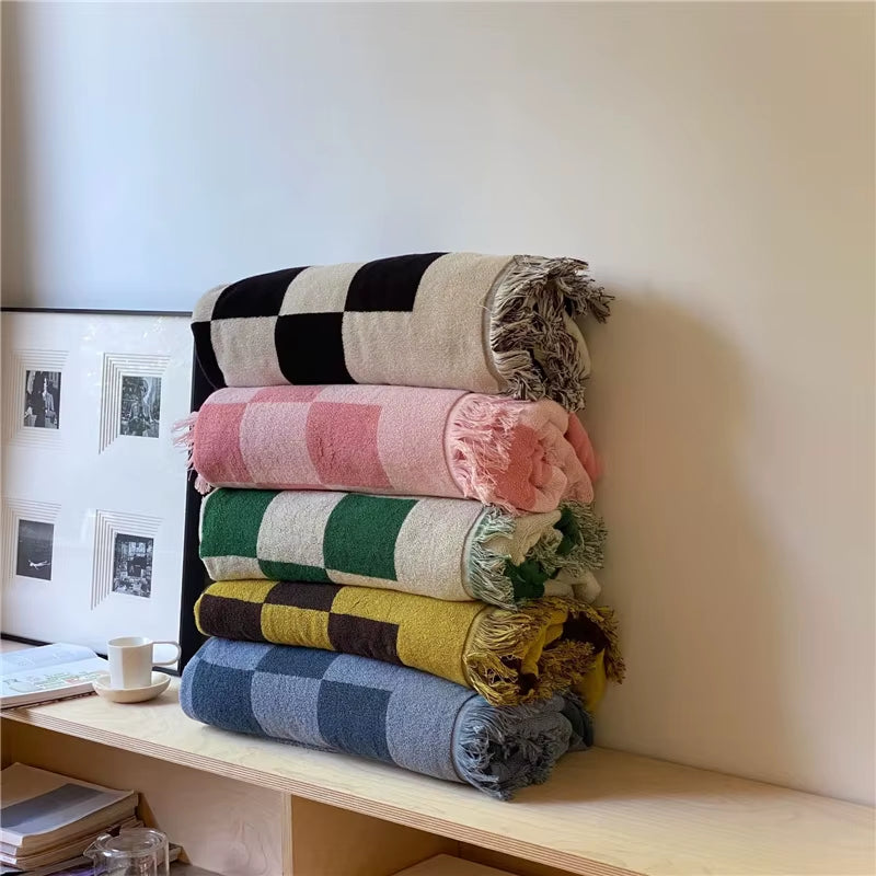 Large Retro Checkerboard Cotton Blanket for Sofa Chair Plaid Color Matching with Tassel Tapestry Bedspread Women Outdoor Towels