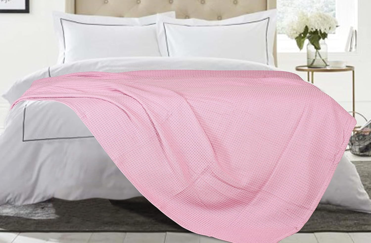 Thermal Cotton Blanket,Twin Cotton Blanket,Waffle Weave Cotton Blanket,Farmhouse Blanket,Soft Breathable Blanket,Light Picnic Travel Blanket,Oversized Blanket All Season Blanket 66X90 Inch Pink