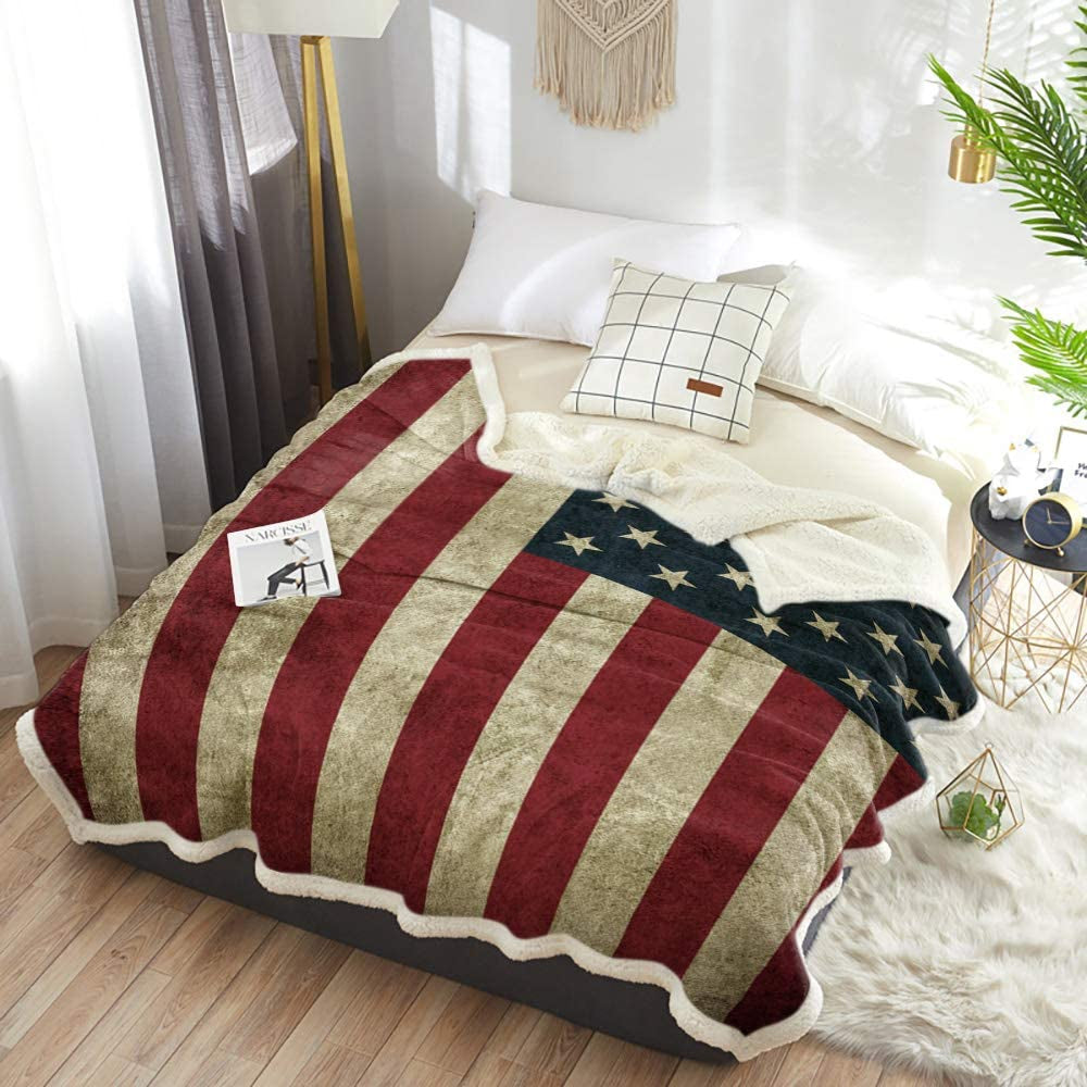 US Flag Sherpa Fleece Blanket, Super Thick and Warm Cozy Luxury Blanket 50"X60", Vintage American Flag Fourth of July Independence Day Themed Bed Blanket, Fluffy Microfiber Throw Blanket for Couch