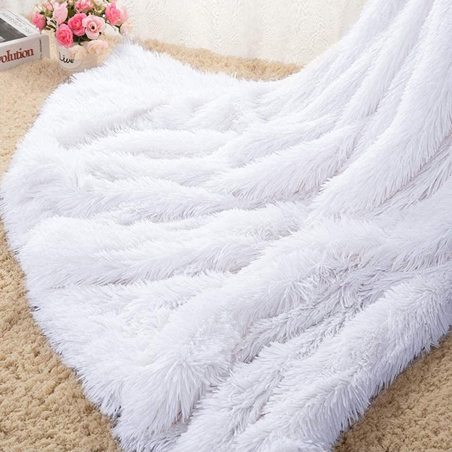 Soft Fluffy Blanket Fuzzy Sherpa Plush Cozy Faux Fur Throw Blankets for Bed Couch Sofa Chair Decorative, 60''X80'' White