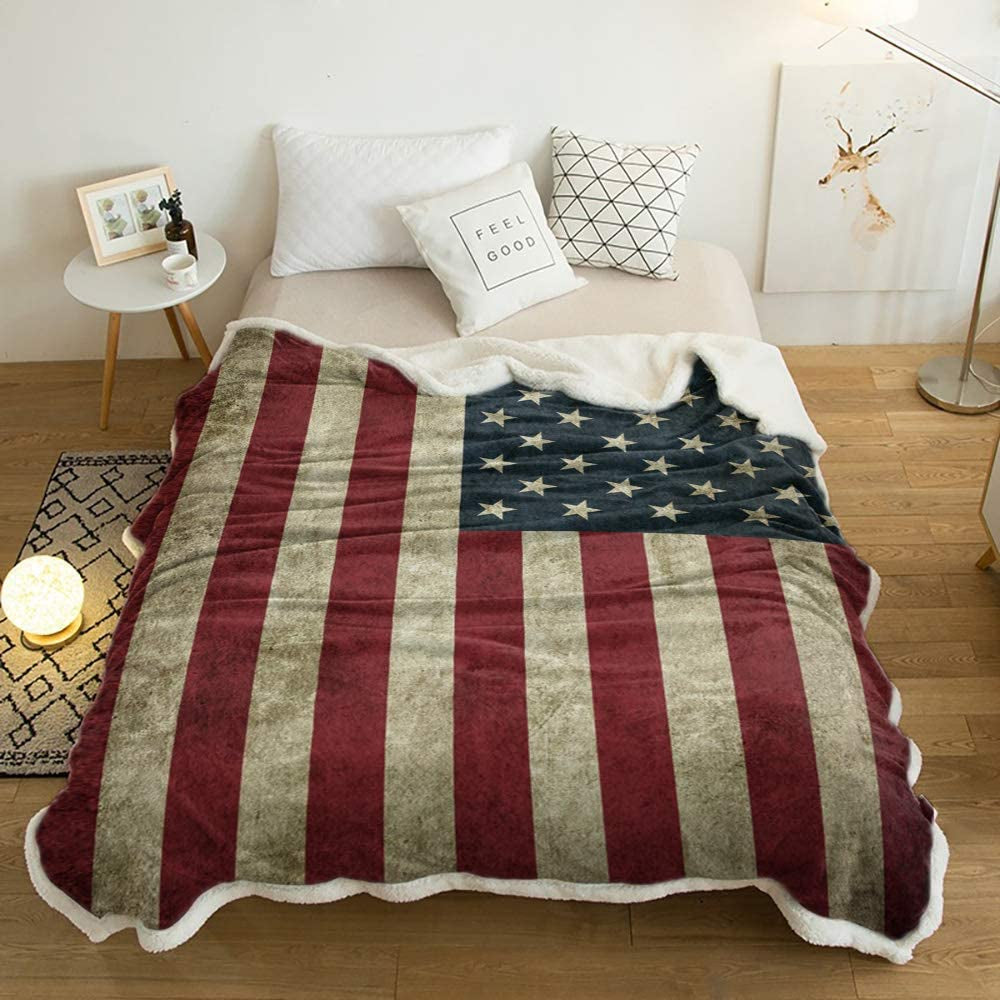 US Flag Sherpa Fleece Blanket, Super Thick and Warm Cozy Luxury Blanket 50"X60", Vintage American Flag Fourth of July Independence Day Themed Bed Blanket, Fluffy Microfiber Throw Blanket for Couch