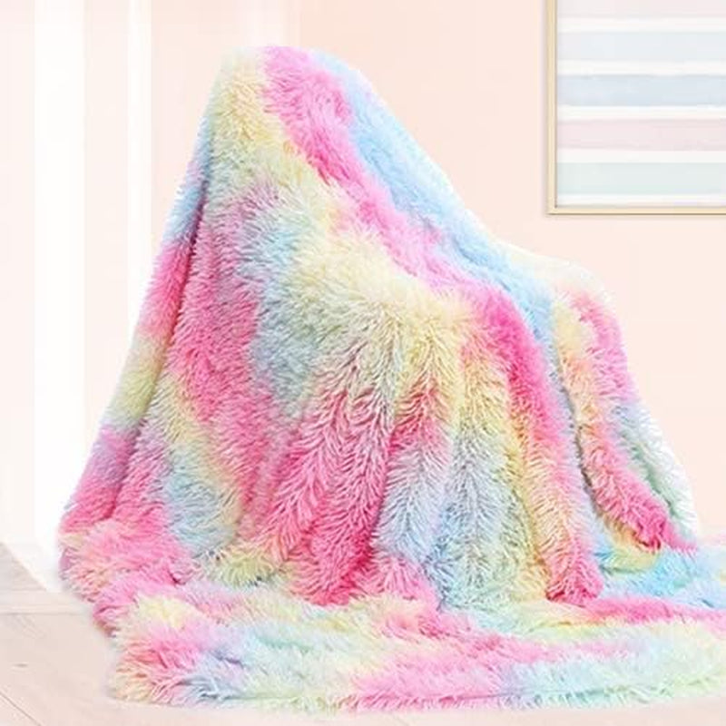 Unicorn Tie Dye Fuzzy Blankets - Cute Throw Blanket for Teen Girls - Long Shaggy Hair Faux Fur Sherpa Backing - Soft Warm Cozy Sofa Couch Floor Throw Bed Cover Pastel Twin (63"X79")