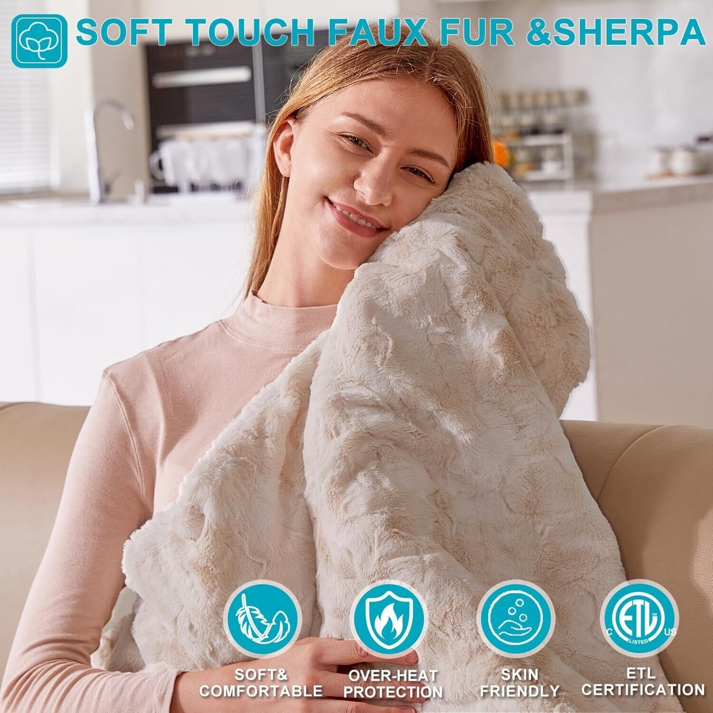 Dowin Electric Blanket King Size, Faux Fur & Sherpa Heated Blanket 100"X 90",...